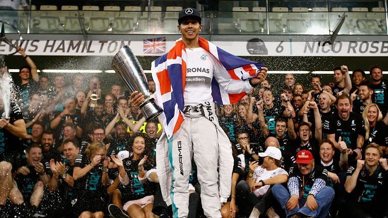Jubilation in the Mercedes garage at Hamilton's first title with them and his second overall